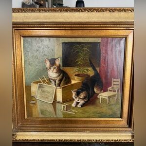 LARGE VNTG ANTIQUE P. ENGLISH 19TH C. OIL ON CANVAS PAINTING ‘KITTENS AT PLAY’